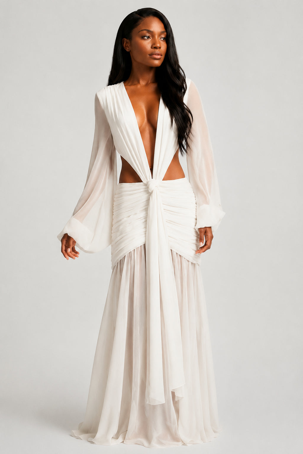 Daydream Plunge-Neckline Ruched Maxi Dress Ivory