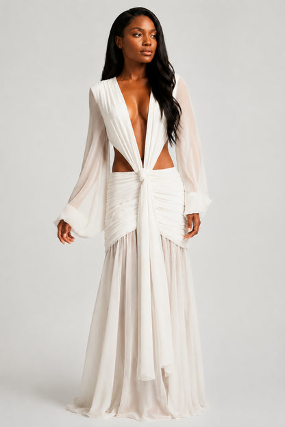 Daydream Plunge-Neckline Ruched Maxi Dress Ivory
