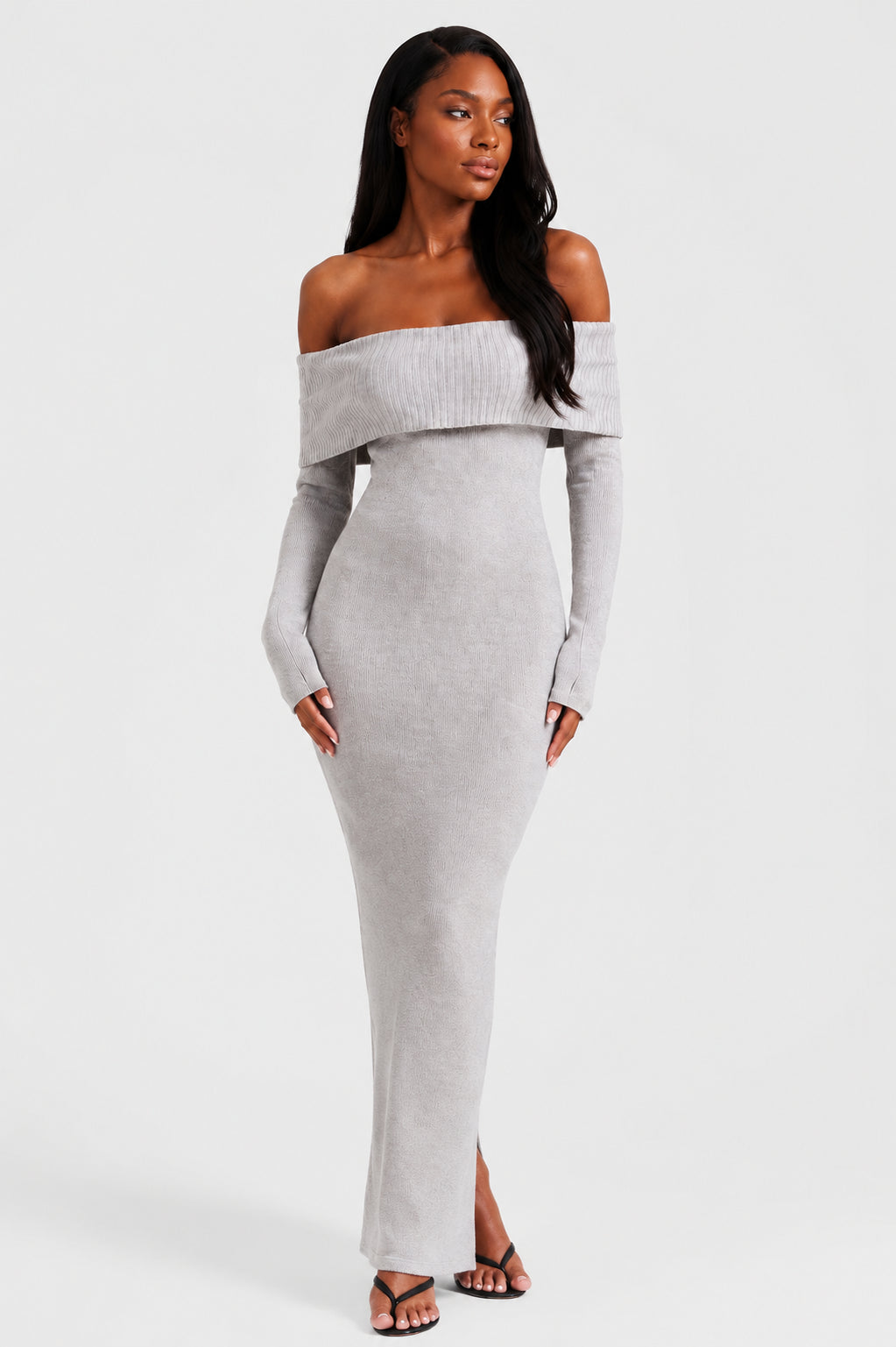 Vivienne Knit Off-Shoulder Maxi Dress Grey
