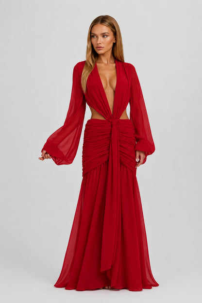 Daydream Plunge-Neckline Ruched Maxi Dress Red