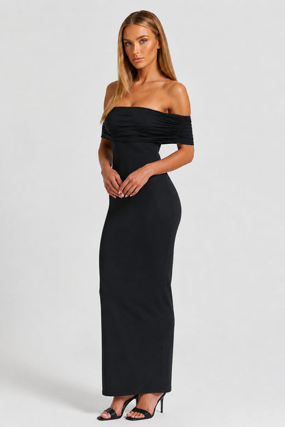 Solstice Ruched Off-Shoulder Maxi Dress Black