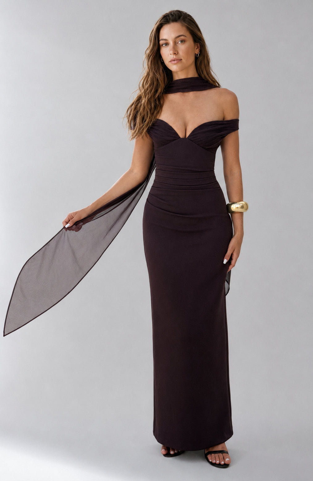 Seabreeze Plunge-Neckline Crepe Maxi Dress Plum Brown