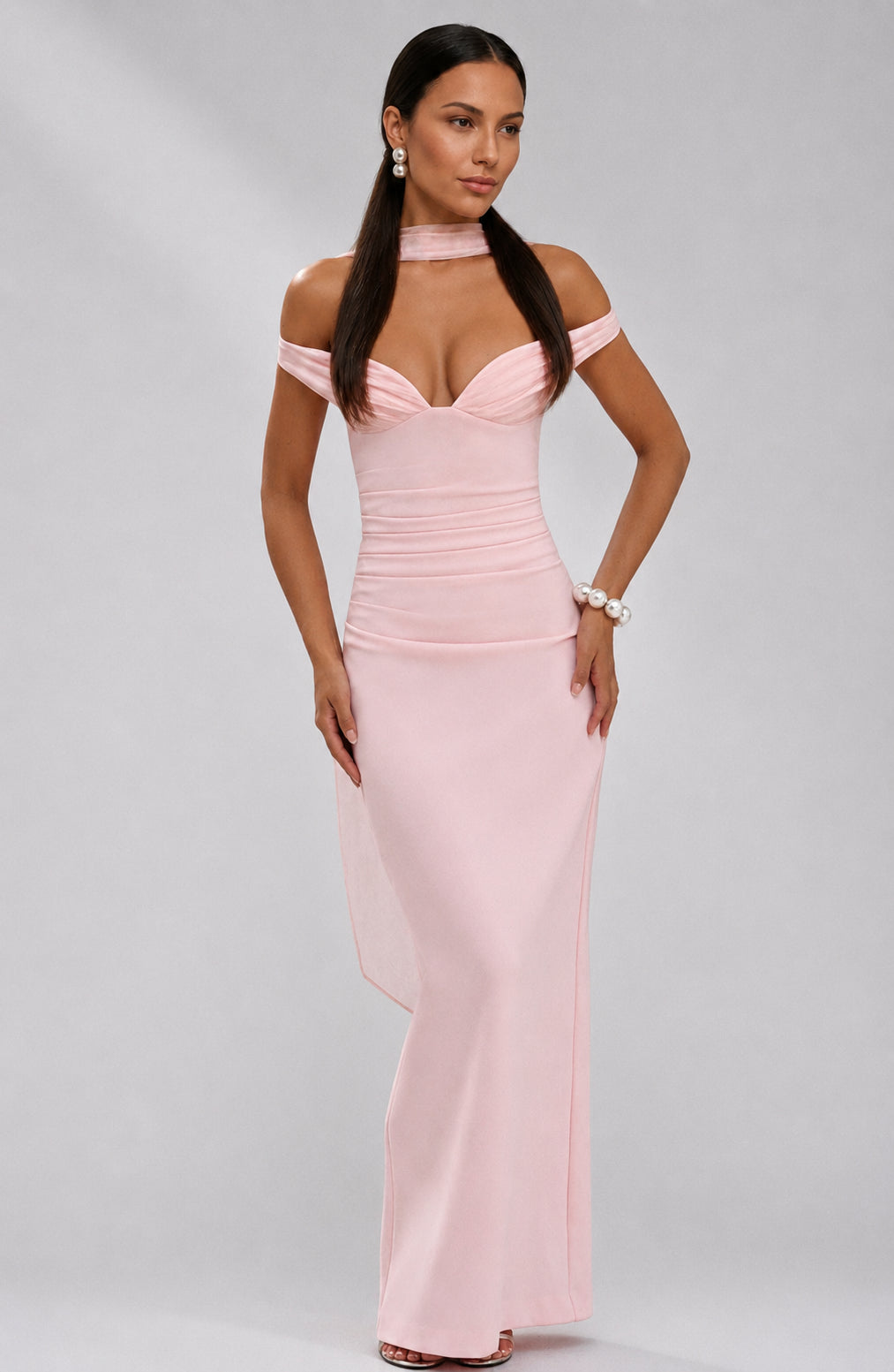 Seabreeze Plunge-Neckline Crepe Maxi Dress Blush