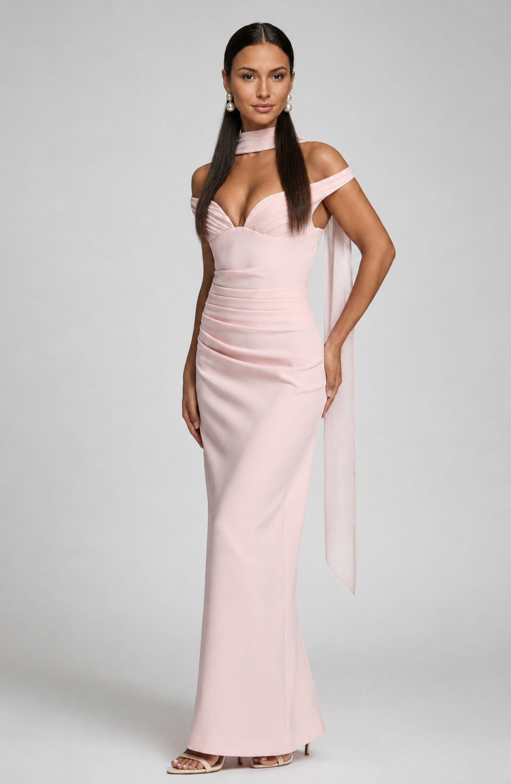 Seabreeze Plunge-Neckline Crepe Maxi Dress Blush