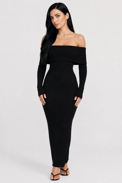 Vivienne Knit Off-Shoulder Maxi Dress Black