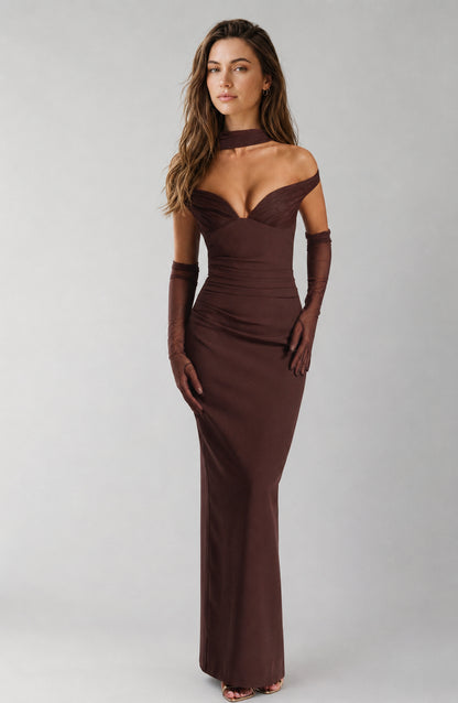 Seabreeze Plunge-Neckline Crepe Maxi Dress Plum Brown