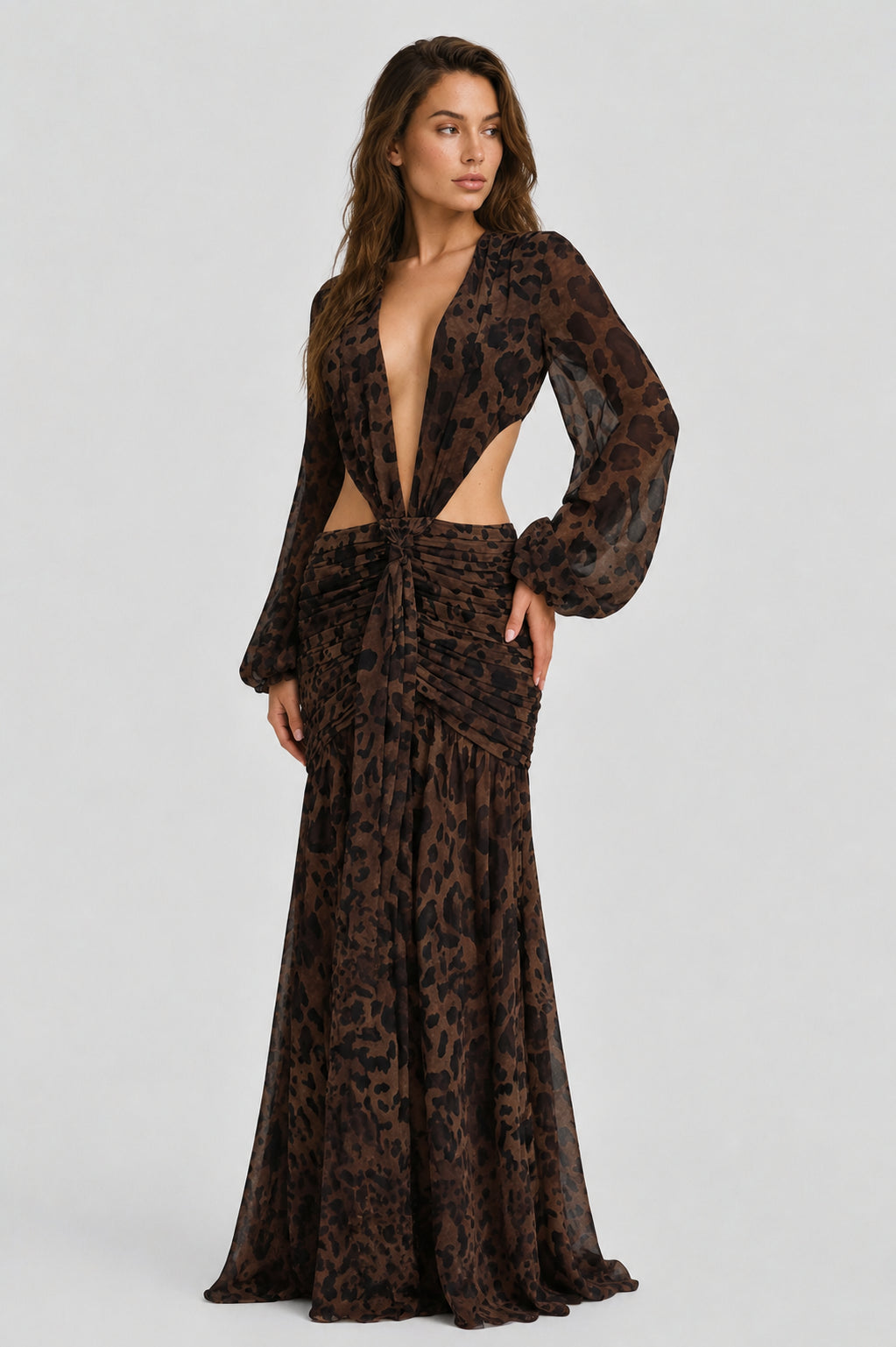 Daydream Plunge-Neckline Ruched Maxi Dress Leopard Print