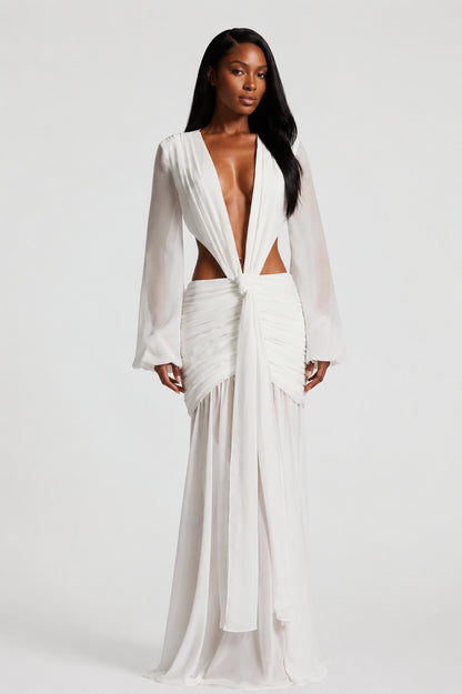 Daydream Plunge-Neckline Ruched Maxi Dress Ivory