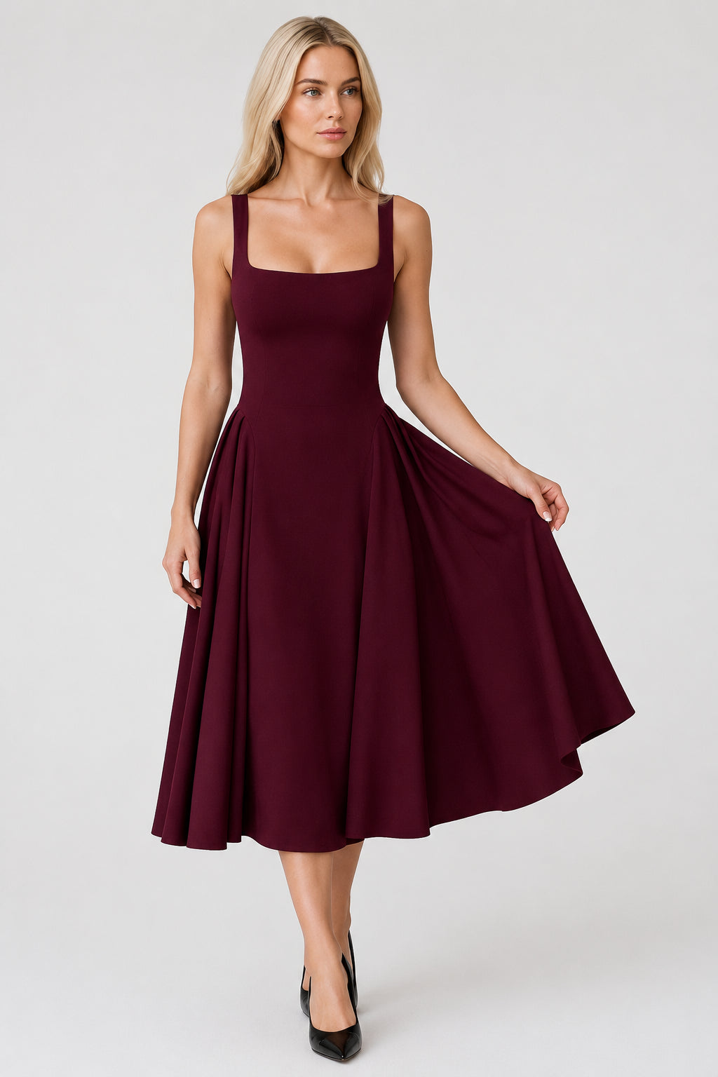 Halle Crepe Square-Neck Midi Dress Cherry Lacquer