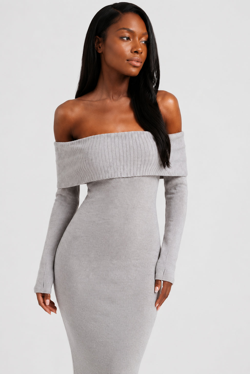 Vivienne Knit Off-Shoulder Maxi Dress Grey