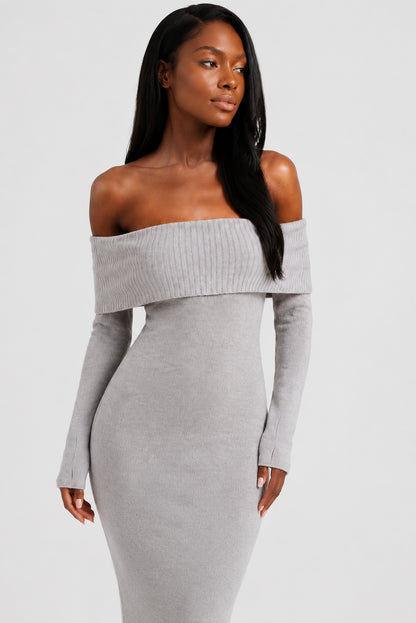 Vivienne Knit Off-Shoulder Maxi Dress Grey