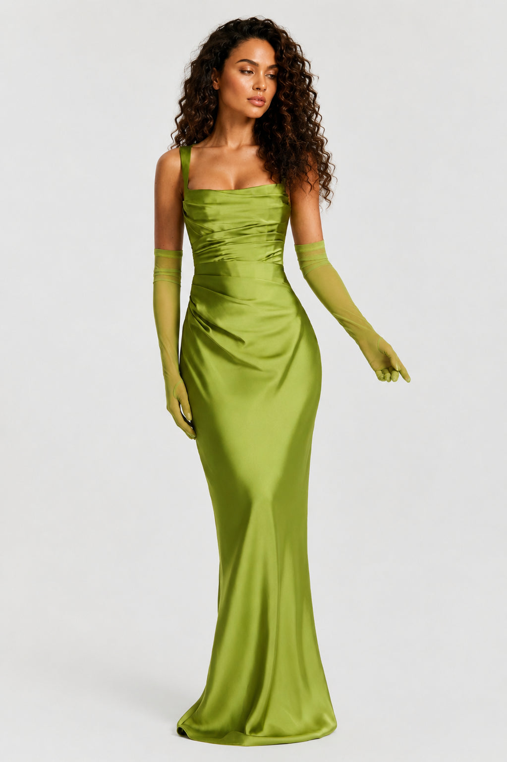 Daydream Satin Square-Neck Maxi Dress Olive