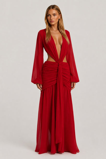 Daydream Plunge-Neckline Ruched Maxi Dress Red