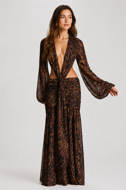Daydream Plunge-Neckline Ruched Maxi Dress Leopard Print