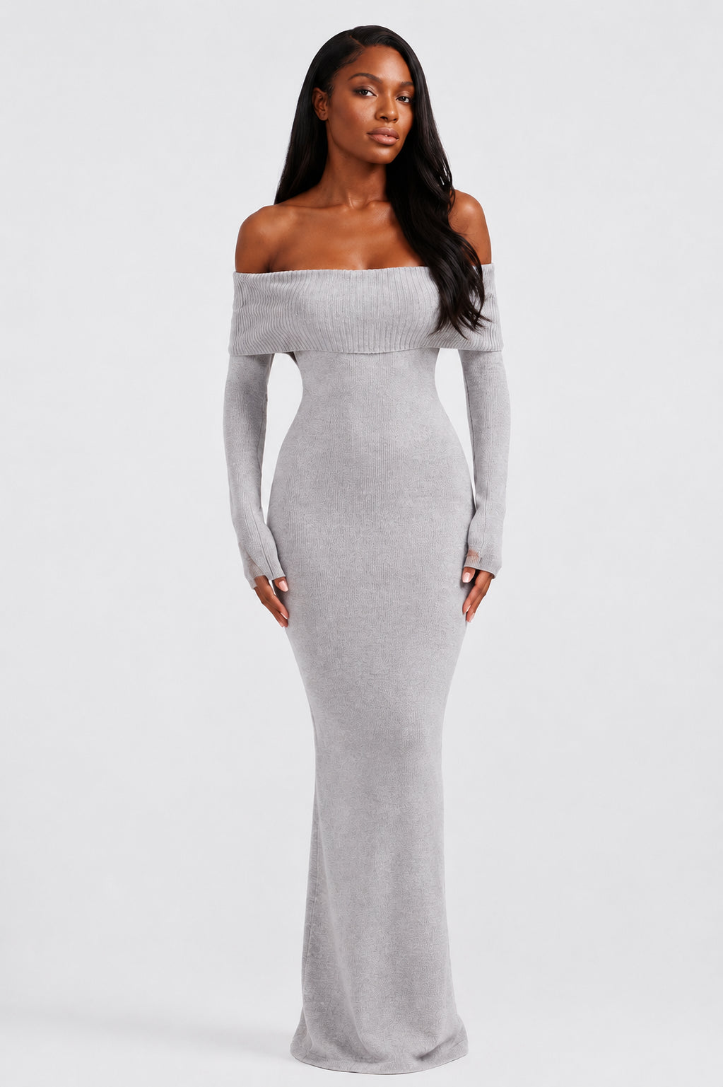 Vivienne Knit Off-Shoulder Maxi Dress Grey