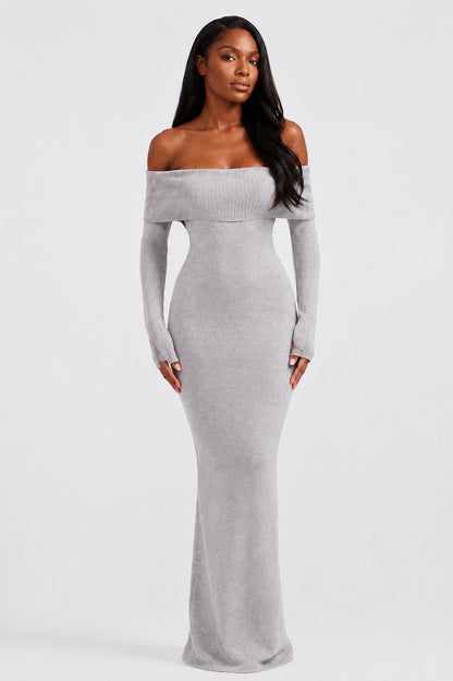 Vivienne Knit Off-Shoulder Maxi Dress Grey