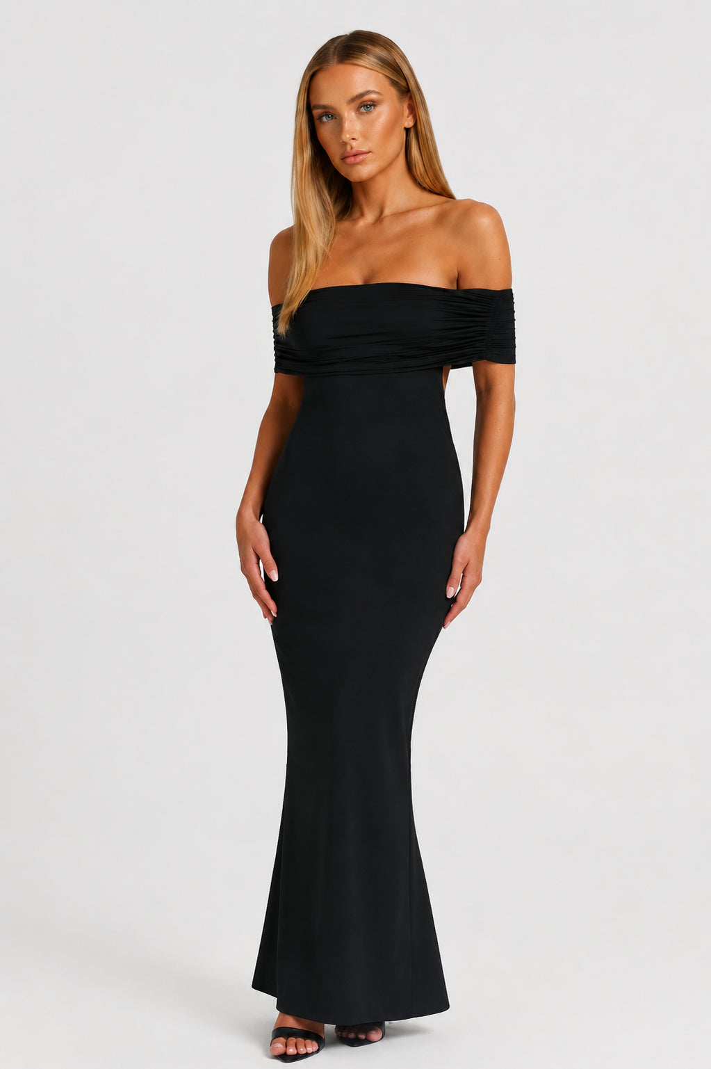 Solstice Ruched Off-Shoulder Maxi Dress Black