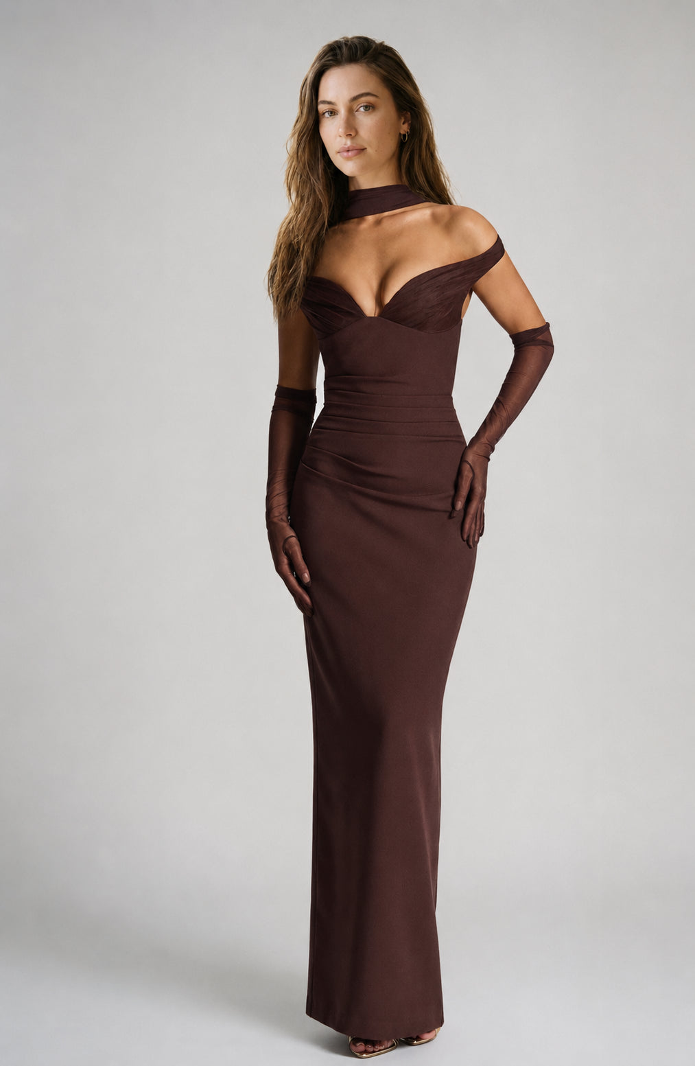 Seabreeze Plunge-Neckline Crepe Maxi Dress Plum Brown