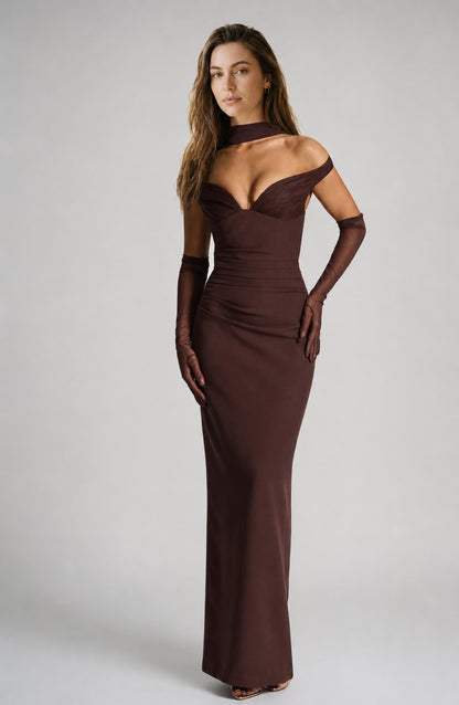 Seabreeze Plunge-Neckline Crepe Maxi Dress Plum Brown