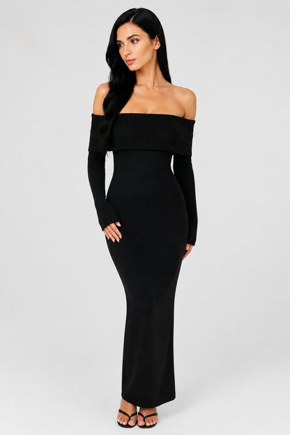 Vivienne Knit Off-Shoulder Maxi Dress Black