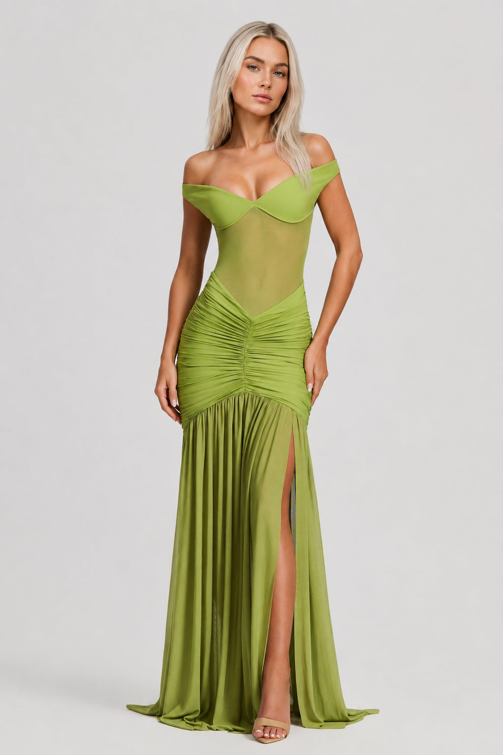 Mallorca Mesh Off-Shoulder Maxi Dress Olive