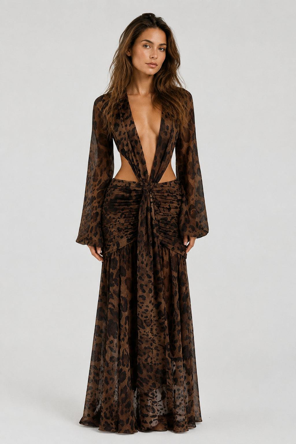 Daydream Plunge-Neckline Ruched Maxi Dress Leopard Print