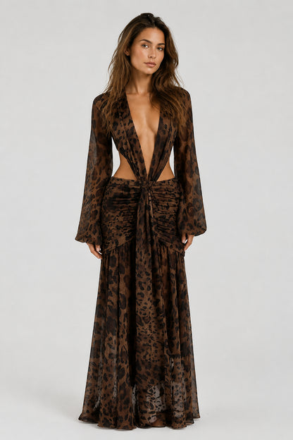 Daydream Plunge-Neckline Ruched Maxi Dress Leopard Print