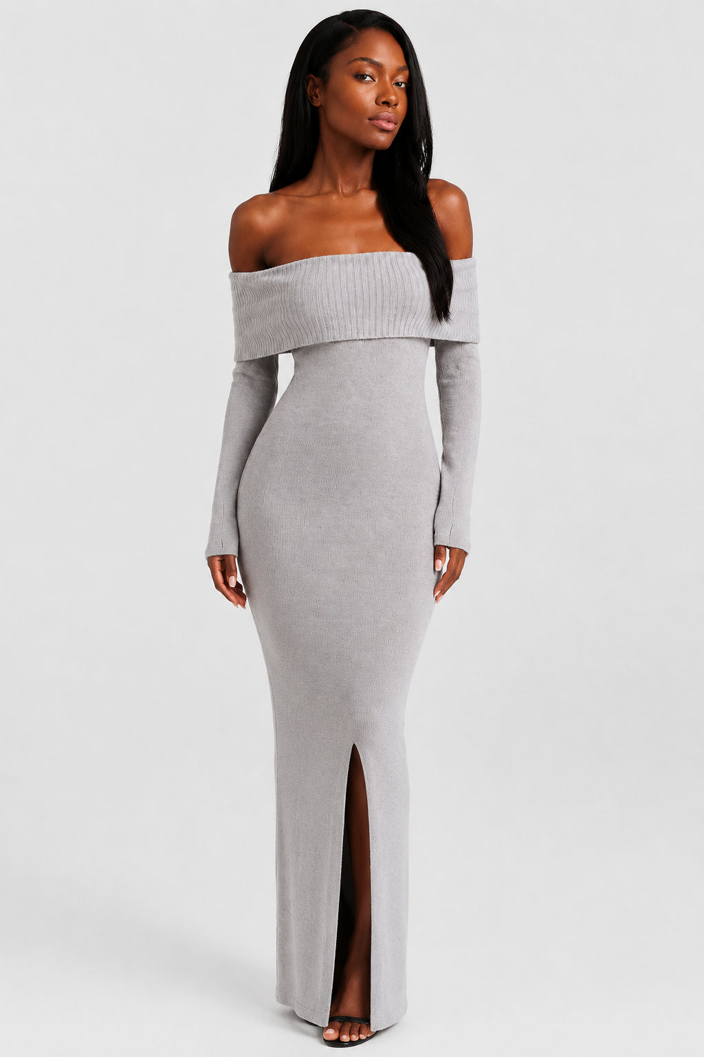 Vivienne Knit Off-Shoulder Maxi Dress Grey