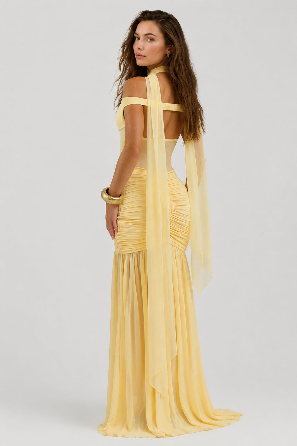 Mallorca Mesh Ruched Maxi Dress Lemon