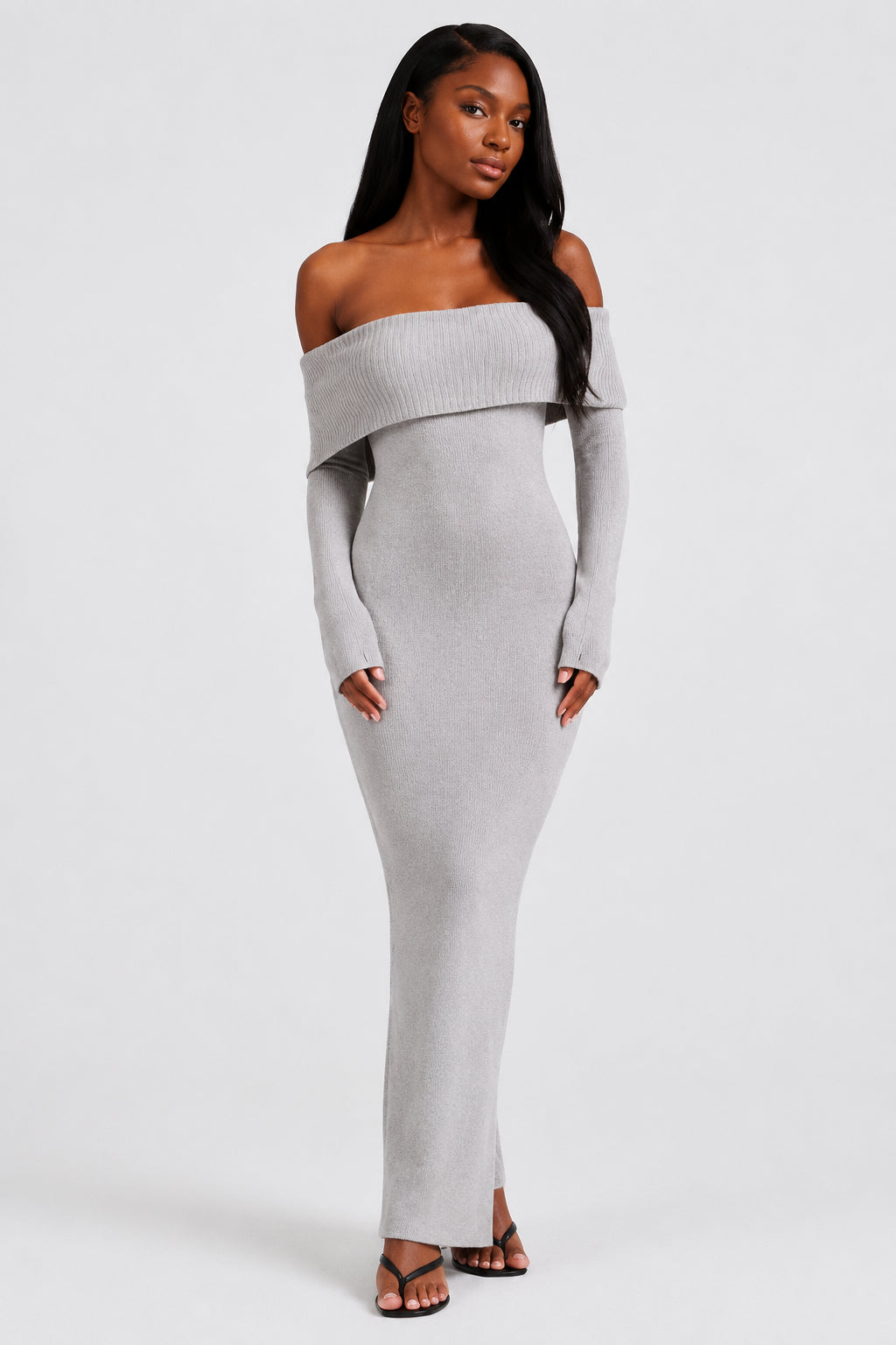 Vivienne Knit Off-Shoulder Maxi Dress Grey