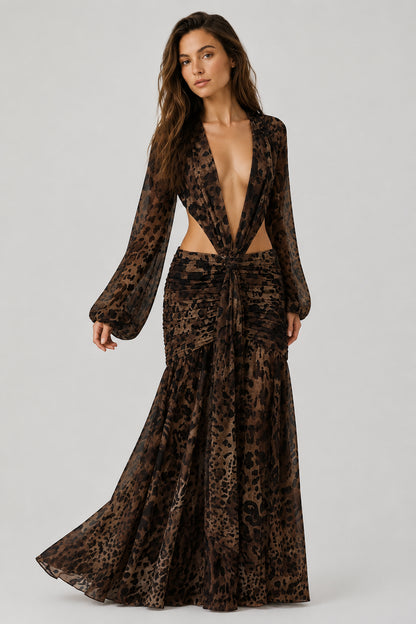 Daydream Plunge-Neckline Ruched Maxi Dress Leopard Print