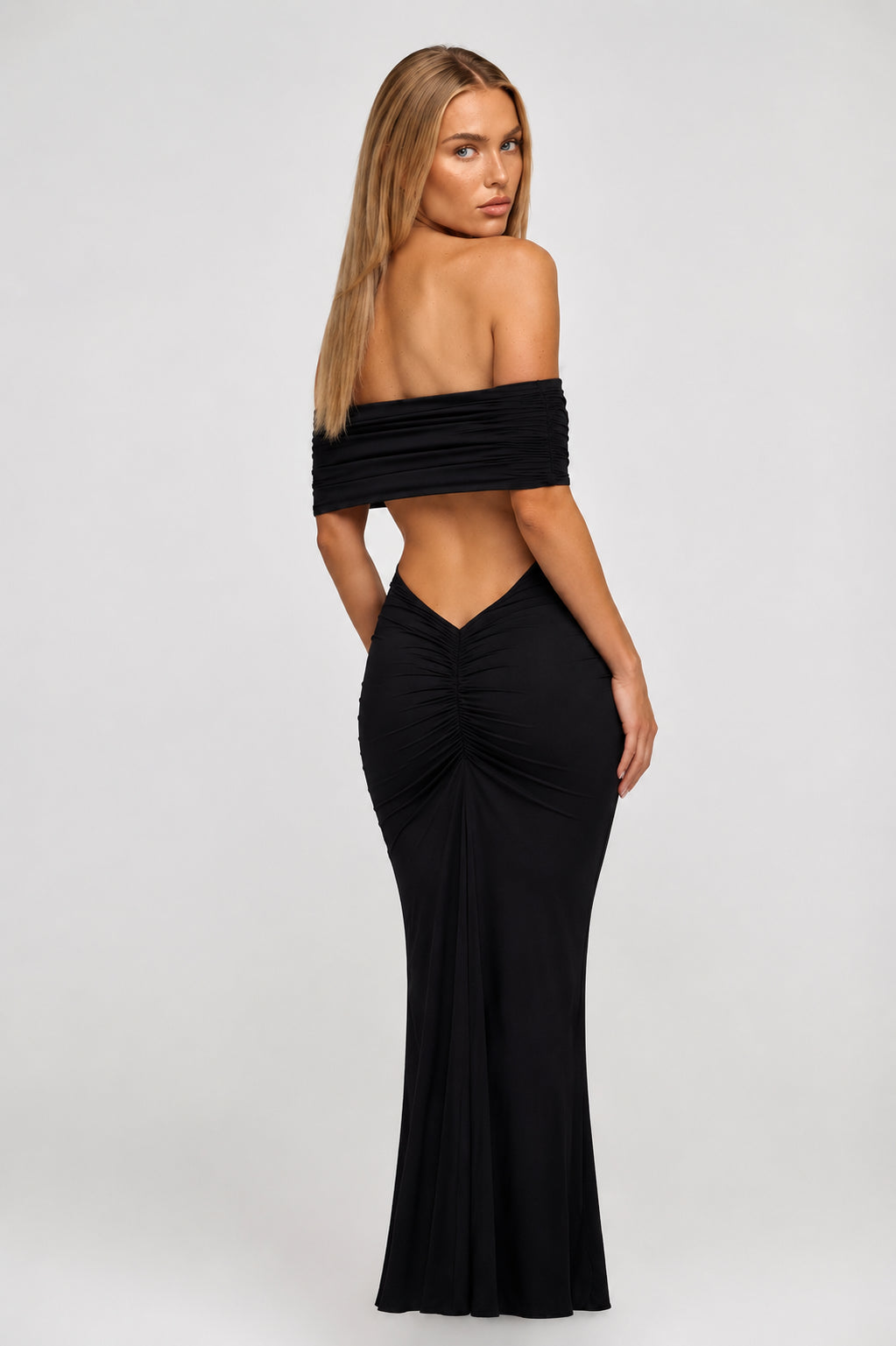 Solstice Ruched Off-Shoulder Maxi Dress Black