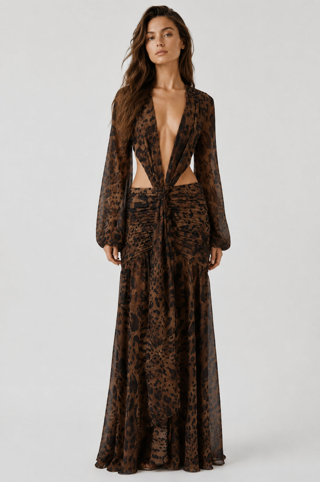 Daydream Plunge-Neckline Ruched Maxi Dress Leopard Print