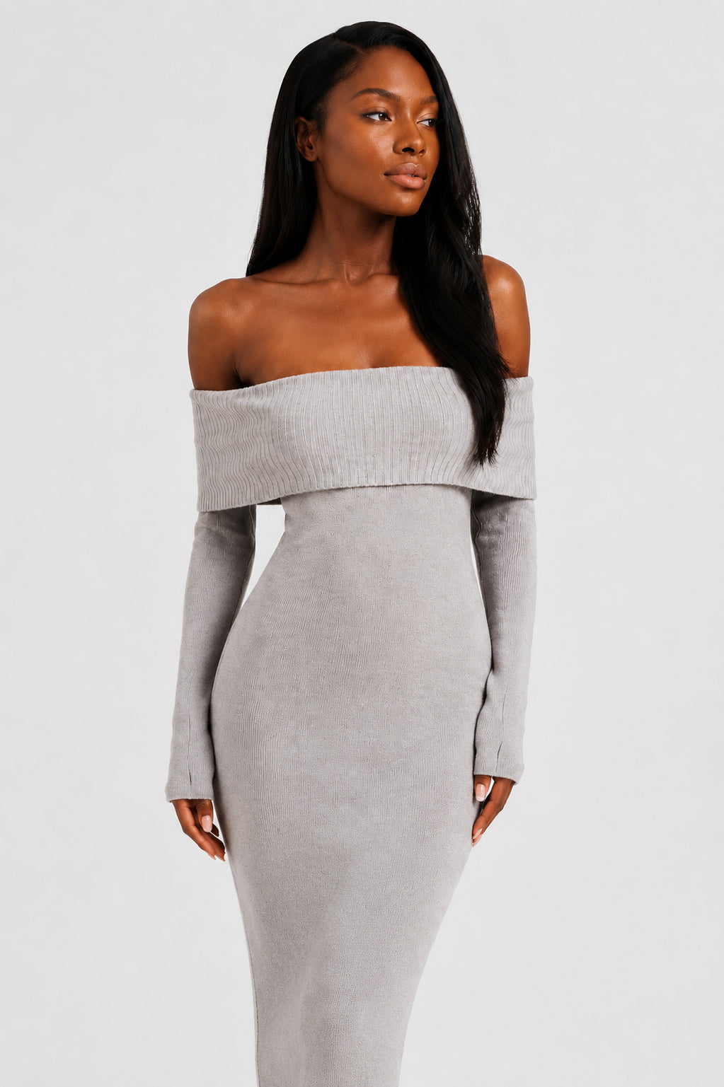 Vivienne Knit Off-Shoulder Maxi Dress Grey