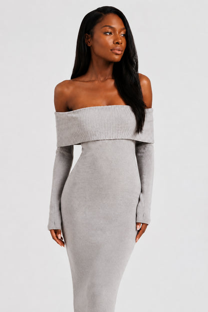 Vivienne Knit Off-Shoulder Maxi Dress Grey