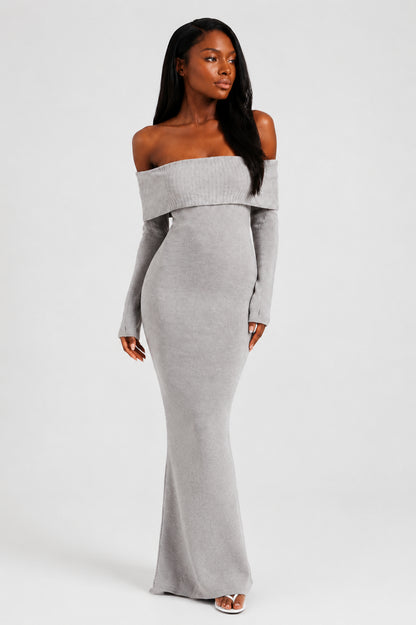 Vivienne Knit Off-Shoulder Maxi Dress Grey