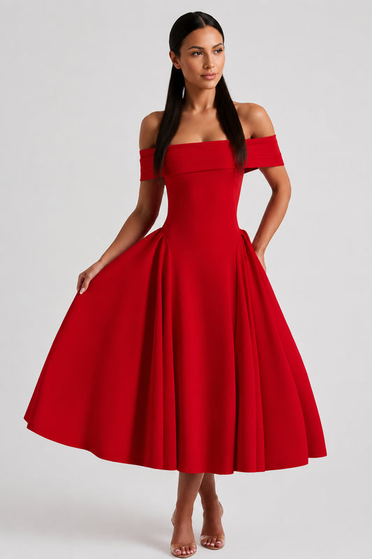 Daydream Off-Shoulder Crepe Midi Dress Red