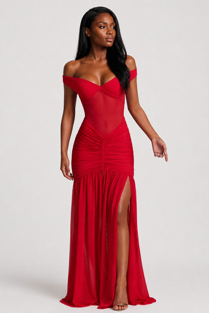 Mallorca Mesh Ruched Maxi Dress Red