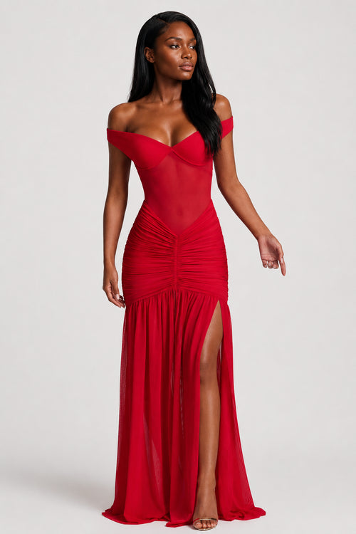Mallorca Mesh Ruched Maxi Dress Red