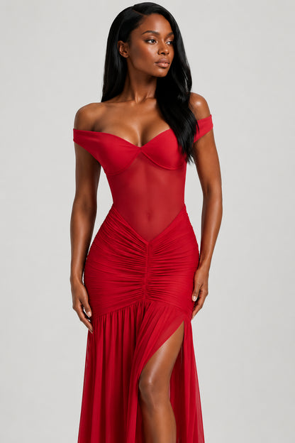 Mallorca Mesh Ruched Maxi Dress Red