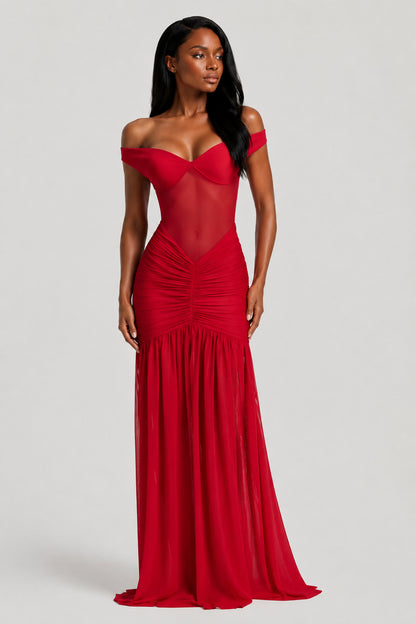 Mallorca Mesh Ruched Maxi Dress Red