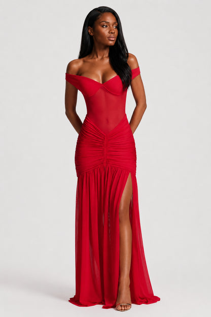 Mallorca Mesh Ruched Maxi Dress Red