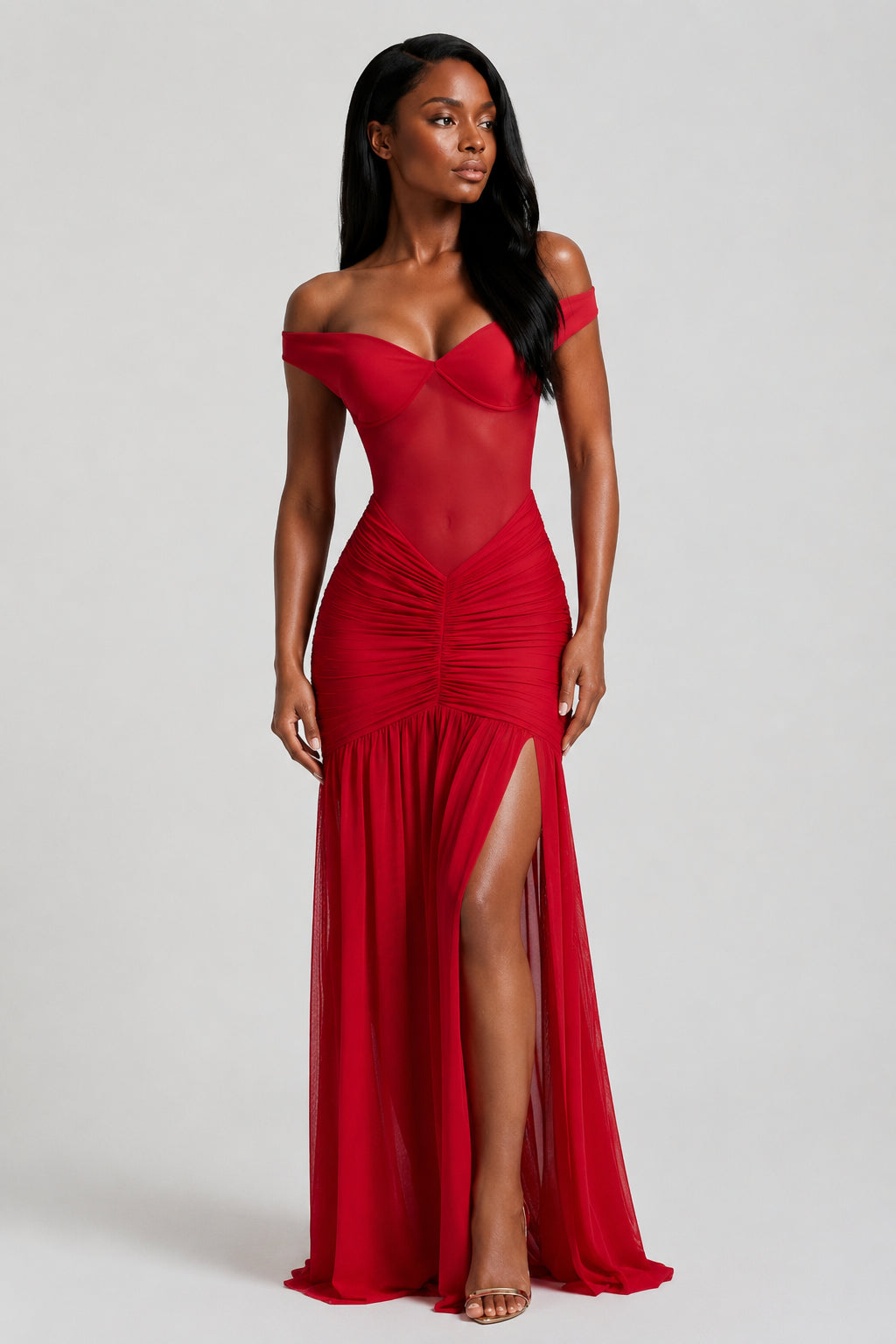 Mallorca Mesh Ruched Maxi Dress Red