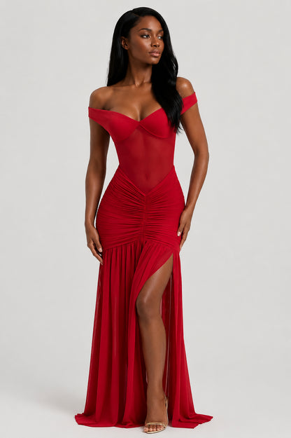 Mallorca Mesh Ruched Maxi Dress Red