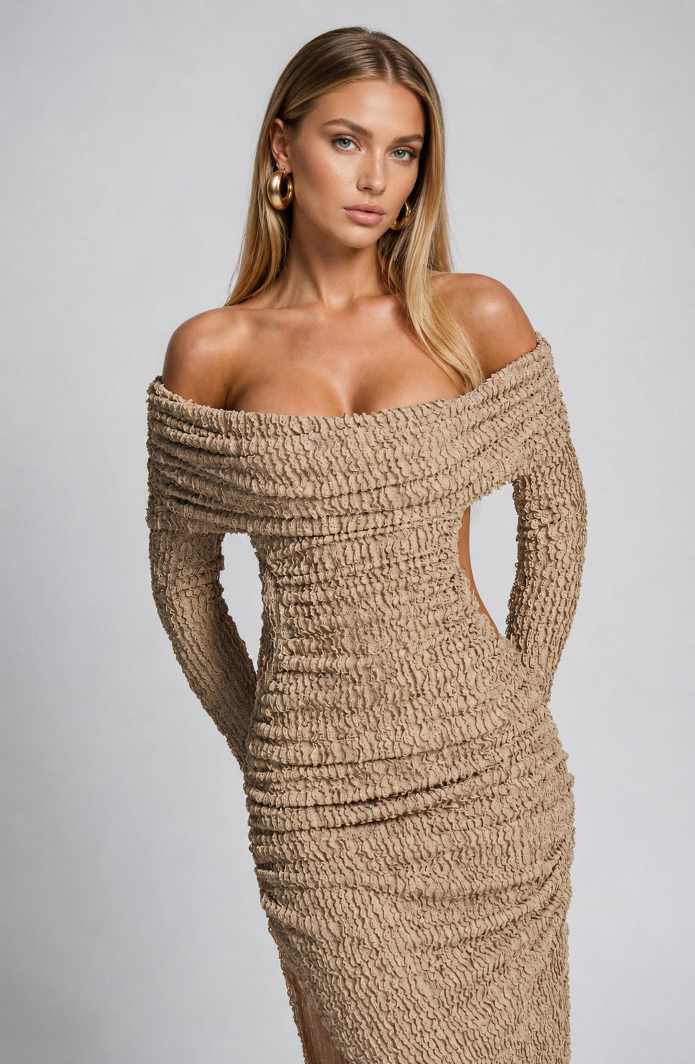 Maren Cut-Out Long-Sleeve Midi Dress Beige