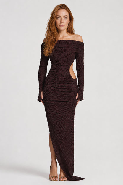 Maren Cut-Out Long-Sleeve Midi Dress Plum Brown