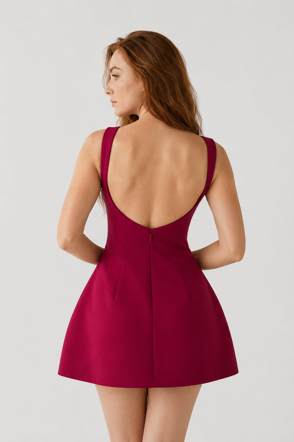 Margaux Crepe Bubblehem Mini Dress Wine