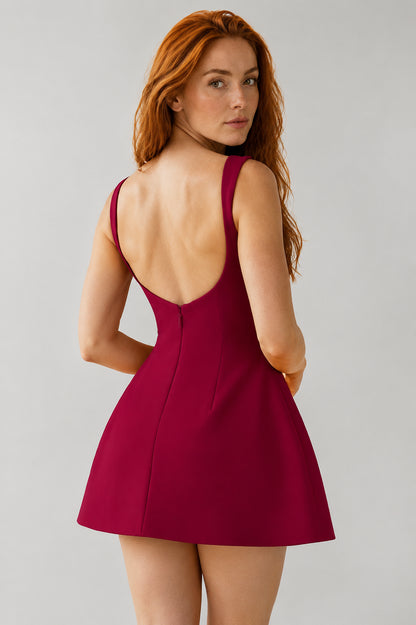 Margaux Crepe Bubblehem Mini Dress Wine
