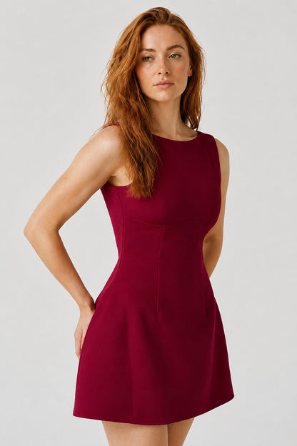 Margaux Crepe Bubblehem Mini Dress Wine