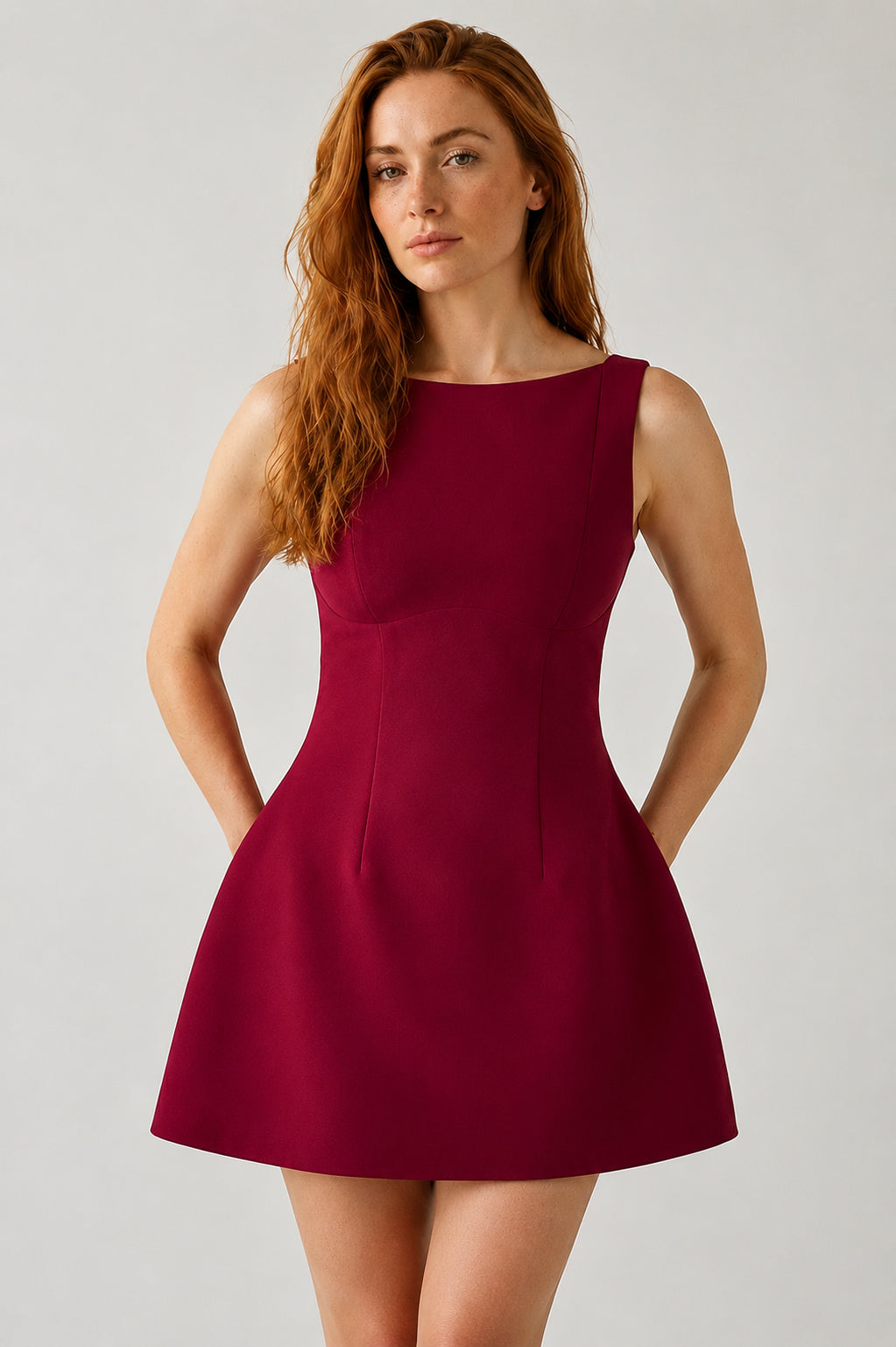 Margaux Crepe Bubblehem Mini Dress Wine